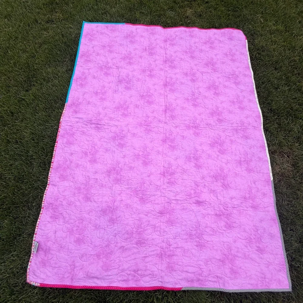Love Sews Ministry Handmade Patchwork Quilt Pink Turquoise Geometric Throw 64x48